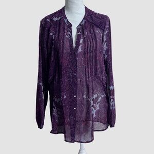 Lucky Brand Wine Paisley Long Sleeve Sheer Button Up Blouse Women’s M